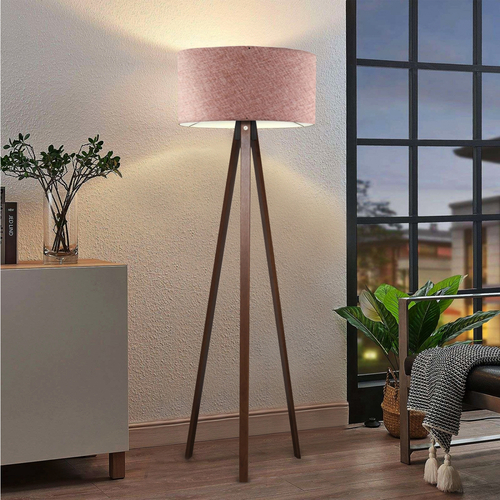 GloboStar® SAGA 204-0049 Μοντέρνο Eπιδαπέδιο Φωτιστικό Μονόφωτο 1 x E27 IP20 Καφέ Ξύλο με Ροζ  Ύφασμα - Μ38 x Π38 x Υ140cm