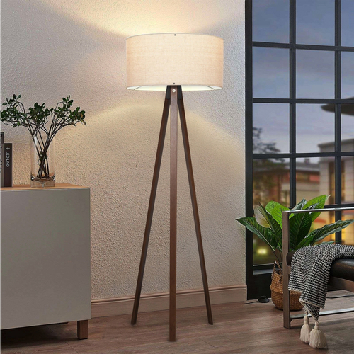 GloboStar® SAGA 204-0035 Μοντέρνο Eπιδαπέδιο Φωτιστικό Μονόφωτο 1 x E27 IP20 Καφέ Ξύλο με Λευκό Ύφασμα - Μ38 x Π38 x Υ140cm