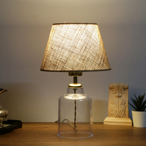 GloboStar® TRANS 204-0055 Μοντέρνο Eπιτραπέζιο Φωτιστικό Πορτατίφ Μονόφωτο 1 x E27 IP20 Διάφανο Πλαστικό με Μπεζ Ύφασμα - Μ22 x Π22 x Υ14cm
