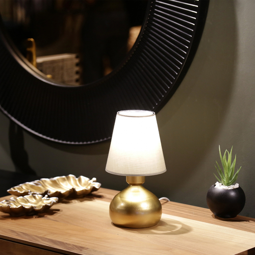 GloboStar® SWEET 204-0061 Μοντέρνο Eπιτραπέζιο Φωτιστικό Πορτατίφ Μονόφωτο 1 x E27 IP20 Χρυσό Μέταλλο με Μπεζ Ύφασμα - Μ13 x Π13 x Υ25cm