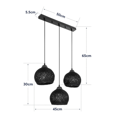 GLOBOSTAR® YASAM 203-0026 Vintage Κρεμαστό Φωτιστικό Οροφής με Ντουί 3 x E27 AC 220-240V IP20 - Μαύρο - Μ45 x Π18 x Υ30cm