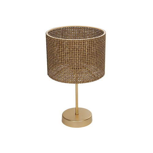 GloboStar® WIZ 203-0181 Μοντέρνο Επιτραπέζιο Φωτιστικό Πορτατίφ Μονόφωτο 1 x E27 IP20 Χρυσο Μέταλλο με Καφέ & Μπεζ Διάτρητο Ύφασμα - Μ22 x Π22 x Υ36.5cm