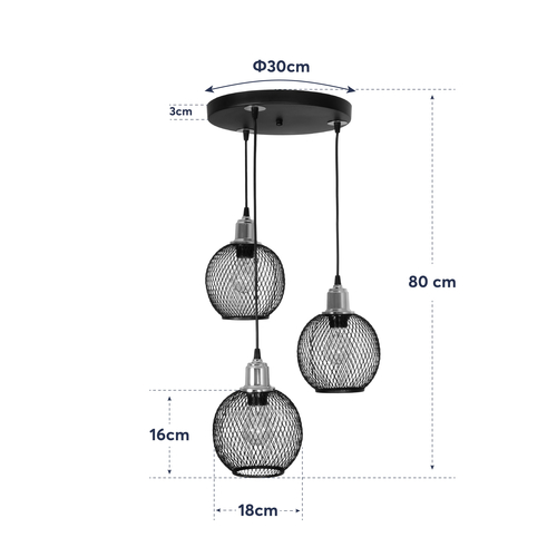 GLOBOSTAR® VIVIDUS 201-0020 Vintage Κρεμαστό Φωτιστικό Οροφής με Ντουί 3 x E27 AC 220-240V IP20 - Μαύρο & Χρυσό - Μ40 x Π40 x Υ60cm