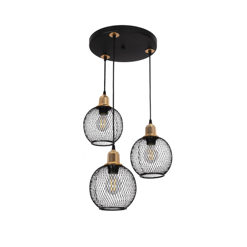 GLOBOSTAR® VIVIDUS 201-0020 Vintage Κρεμαστό Φωτιστικό Οροφής με Ντουί 3 x E27 AC 220-240V IP20 - Μαύρο & Χρυσό - Μ40 x Π40 x Υ60cm