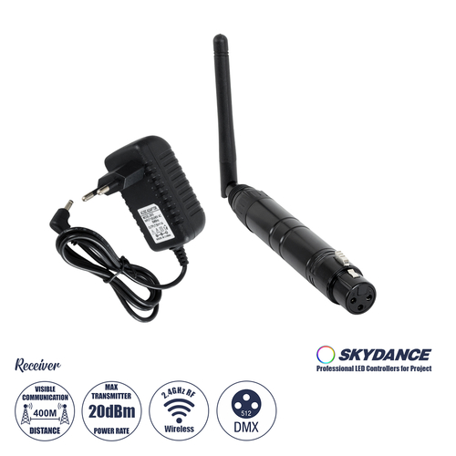 GLOBOSTAR® SKYDANCE-DM-WR 71578 DMX512 Ασύρματος Δέκτης RF 2.4Ghz ISM GFSK 20dBm 400m Θηλυκό XLR3 DC 5V IP20 - Μ1.9 x Π1.9 x Υ22cm - 5 Χρόνια Εγγύηση