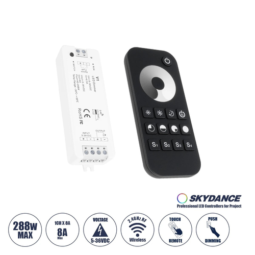 GloboStar® 73118 RT1+V1 SKYDANCE ΣΕΤ Dimmer & Ασύρματο Χειριστήριο Αφής 1 Group RF 2.4Ghz 8A Max DC 5-36V (288W) - DC 3V IP20 - 5 Χρόνια Εγγύηση