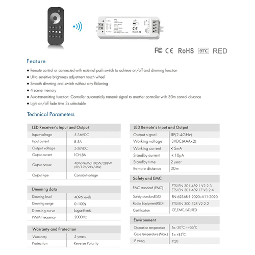 GloboStar® 73118 RT1+V1 SKYDANCE ΣΕΤ Dimmer & Ασύρματο Χειριστήριο Αφής 1 Group RF 2.4Ghz 8A Max DC 5-36V (288W) - DC 3V IP20 - 5 Χρόνια Εγγύηση