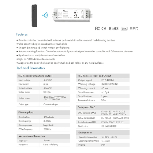 GloboStar® 73119 V1+R11 SKYDANCE ΣΕΤ Dimmer & Ασύρματο Χειριστήριο Αφής 1 Group RF 2.4Ghz 8A Max DC 5-36V (288W) - DC 3V IP20 - 5 Χρόνια Εγγύηση