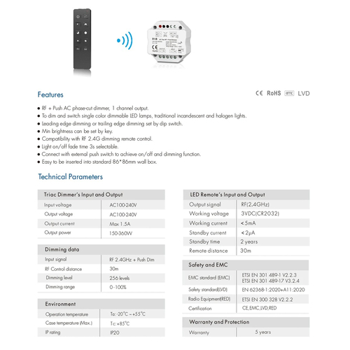 GloboStar® 73125 S1-B+R1 SKYDANCE ΣΕΤ Dimmer & Ασύρματο Χειριστήριο Αφής 1 Group RF 2.4Ghz 1.5A Max AC100-240V (360W) - DC 3V IP20 - 5 Χρόνια Εγγύηση
