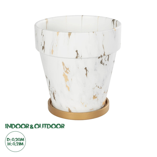 GloboStar® Artificial Garden DENPASAR 20526 Διακοσμητική Κεραμική Γλάστρα Λευκή με Χρυσό Μ20 x Π20 x Υ21 cm