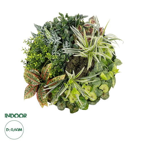 GloboStar® Artificial Garden VARIOUS PLANTS ROUND WALL DISC 20691 Τεχνητό Διακοσμητικό Στρογγυλό Πάνελ Φυλλωσιάς - Κάθετος Κήπος Μιξ Μ60 x Π60 x Υ20cm