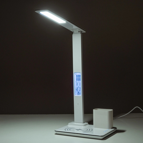 GLOBOSTAR® ZENTIME 76554 Μοντέρνο Επιτραπέζιο Φωτιστικό Γραφείου με Ασύρματη Φόρτιση 15W 3A & Ψηφιακό Ρολόι LED 3.5W 350lm 120° DC 5V με USB-C IP20 Ρυθμιζόμενο Λευκό CCT με Αφή 2700K/4500K/6000K Dimmable - Sanan SMD Chip - Μαύρο - Μ19.5 x Π14.5 x Υ38.8cm - 2 Χρόνια Εγγύηση