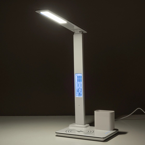 GLOBOSTAR® ZENTIME 76554 Μοντέρνο Επιτραπέζιο Φωτιστικό Γραφείου με Ασύρματη Φόρτιση 15W 3A & Ψηφιακό Ρολόι LED 3.5W 350lm 120° DC 5V με USB-C IP20 Ρυθμιζόμενο Λευκό CCT με Αφή 2700K/4500K/6000K Dimmable - Sanan SMD Chip - Μαύρο - Μ19.5 x Π14.5 x Υ38.8cm - 2 Χρόνια Εγγύηση