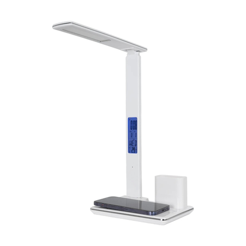 GLOBOSTAR® ZENTIME 76554 Μοντέρνο Επιτραπέζιο Φωτιστικό Γραφείου με Ασύρματη Φόρτιση 15W 3A & Ψηφιακό Ρολόι LED 3.5W 350lm 120° DC 5V με USB-C IP20 Ρυθμιζόμενο Λευκό CCT με Αφή 2700K/4500K/6000K Dimmable - Sanan SMD Chip - Μαύρο - Μ19.5 x Π14.5 x Υ38.8cm - 2 Χρόνια Εγγύηση