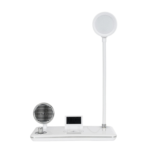 GLOBOSTAR® OLDY 76557 Μοντέρνο Επιτραπέζιο Φωτιστικό Γραφείου με Ασύρματη Φόρτιση 15W 3A, 5W Bluetooth Ηχείο & Ψηφιακό Ρολόι LED 3W 300lm 120° DC 5V με USB-C IP20 Ρυθμιζόμενο Λευκό CCT με Αφή 2700K/4500K/6000K Dimmable - Sanan SMD Chip - Λευκό - Μ13 x Π25 x Υ43cm - 2 Χρόνια Εγγύηση