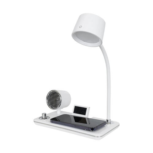 GLOBOSTAR® OLDY 76557 Μοντέρνο Επιτραπέζιο Φωτιστικό Γραφείου με Ασύρματη Φόρτιση 15W 3A, 5W Bluetooth Ηχείο & Ψηφιακό Ρολόι LED 3W 300lm 120° DC 5V με USB-C IP20 Ρυθμιζόμενο Λευκό CCT με Αφή 2700K/4500K/6000K Dimmable - Sanan SMD Chip - Λευκό - Μ13 x Π25 x Υ43cm - 2 Χρόνια Εγγύηση