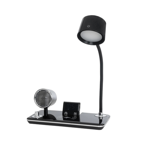 GLOBOSTAR® OLDY 76563 Μοντέρνο Επιτραπέζιο Φωτιστικό Γραφείου με Ασύρματη Φόρτιση 15W 3A, 5W Bluetooth Ηχείο & Ψηφιακό Ρολόι LED 3W 300lm 120° DC 5V με USB-C IP20 Ρυθμιζόμενο Λευκό CCT με Αφή 2700K/4500K/6000K Dimmable - Sanan SMD Chip - Μαύρο - Μ13 x Π25 x Υ43cm - 2 Χρόνια Εγγύηση