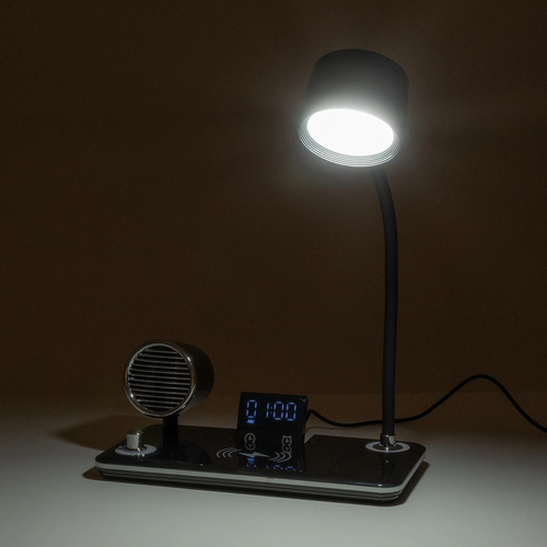 GLOBOSTAR® OLDY 76563 Μοντέρνο Επιτραπέζιο Φωτιστικό Γραφείου με Ασύρματη Φόρτιση 15W 3A, 5W Bluetooth Ηχείο & Ψηφιακό Ρολόι LED 3W 300lm 120° DC 5V με USB-C IP20 Ρυθμιζόμενο Λευκό CCT με Αφή 2700K/4500K/6000K Dimmable - Sanan SMD Chip - Μαύρο - Μ13 x Π25 x Υ43cm - 2 Χρόνια Εγγύηση