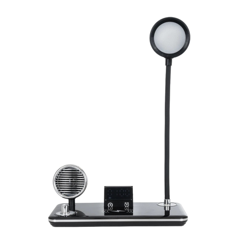 GLOBOSTAR® OLDY 76563 Μοντέρνο Επιτραπέζιο Φωτιστικό Γραφείου με Ασύρματη Φόρτιση 15W 3A, 5W Bluetooth Ηχείο & Ψηφιακό Ρολόι LED 3W 300lm 120° DC 5V με USB-C IP20 Ρυθμιζόμενο Λευκό CCT με Αφή 2700K/4500K/6000K Dimmable - Sanan SMD Chip - Μαύρο - Μ13 x Π25 x Υ43cm - 2 Χρόνια Εγγύηση