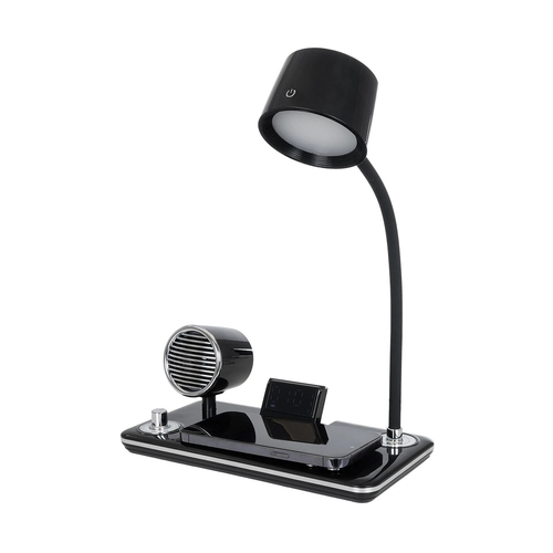 GLOBOSTAR® OLDY 76563 Μοντέρνο Επιτραπέζιο Φωτιστικό Γραφείου με Ασύρματη Φόρτιση 15W 3A, 5W Bluetooth Ηχείο & Ψηφιακό Ρολόι LED 3W 300lm 120° DC 5V με USB-C IP20 Ρυθμιζόμενο Λευκό CCT με Αφή 2700K/4500K/6000K Dimmable - Sanan SMD Chip - Μαύρο - Μ13 x Π25 x Υ43cm - 2 Χρόνια Εγγύηση