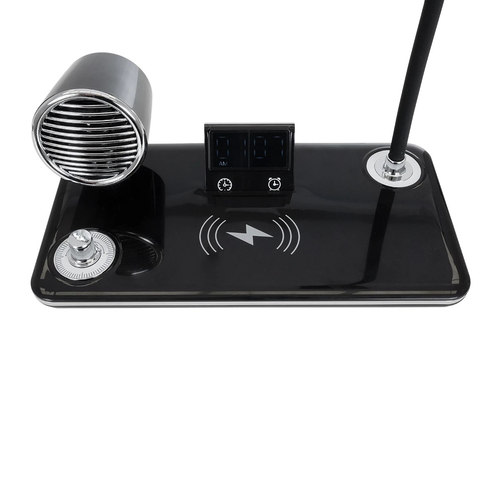 GLOBOSTAR® OLDY 76563 Μοντέρνο Επιτραπέζιο Φωτιστικό Γραφείου με Ασύρματη Φόρτιση 15W 3A, 5W Bluetooth Ηχείο & Ψηφιακό Ρολόι LED 3W 300lm 120° DC 5V με USB-C IP20 Ρυθμιζόμενο Λευκό CCT με Αφή 2700K/4500K/6000K Dimmable - Sanan SMD Chip - Μαύρο - Μ13 x Π25 x Υ43cm - 2 Χρόνια Εγγύηση