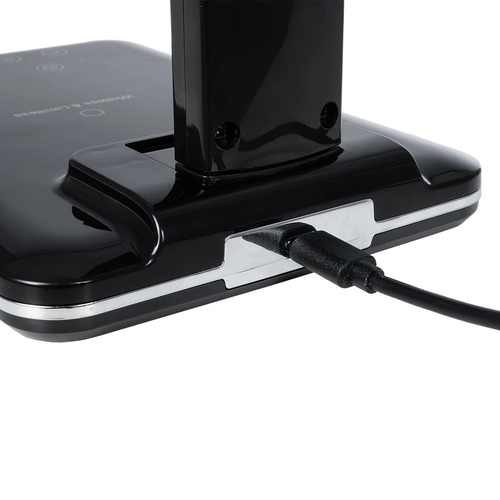 GLOBOSTAR® ZENTIME 76564 Μοντέρνο Επιτραπέζιο Φωτιστικό Γραφείου με Ασύρματη Φόρτιση 10W 2A & Ψηφιακό Ρολόι LED 3.5W 350lm 120° DC 5V με USB-C IP20 Ρυθμιζόμενο Λευκό CCT με Αφή 2700K/4500K/6000K Dimmable - Sanan SMD Chip - Μαύρο - Μ18 x Π12 x Υ40cm - 2 Χρόνια Εγγύηση