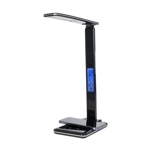 GLOBOSTAR® ZENTIME 76564 Μοντέρνο Επιτραπέζιο Φωτιστικό Γραφείου με Ασύρματη Φόρτιση 10W 2A & Ψηφιακό Ρολόι LED 3.5W 350lm 120° DC 5V με USB-C IP20 Ρυθμιζόμενο Λευκό CCT με Αφή 2700K/4500K/6000K Dimmable - Sanan SMD Chip - Μαύρο - Μ18 x Π12 x Υ40cm - 2 Χρόνια Εγγύηση