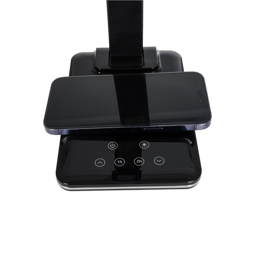 GLOBOSTAR® ZENTIME 76564 Μοντέρνο Επιτραπέζιο Φωτιστικό Γραφείου με Ασύρματη Φόρτιση 10W 2A & Ψηφιακό Ρολόι LED 3.5W 350lm 120° DC 5V με USB-C IP20 Ρυθμιζόμενο Λευκό CCT με Αφή 2700K/4500K/6000K Dimmable - Sanan SMD Chip - Μαύρο - Μ18 x Π12 x Υ40cm - 2 Χρόνια Εγγύηση