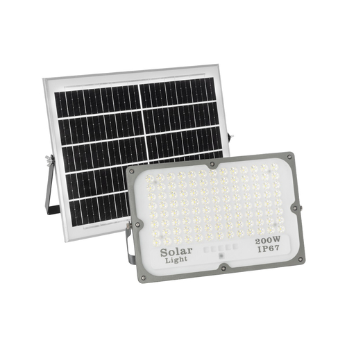 GLOBOSTAR® LUMOVOX 73068 Προβολέας LED 200W 10000lm 120° DC 5V με Φωτοβολταϊκό Panel 5V 12W & Επαναφορτιζόμενη Μπαταρία Li-ion 3.2V 10000mAh Αδιάβροχο IP67 Ψυχρό Λευκό 6000K - 180 x SMD2835 Sanan Chip - Γκρι Ανθρακί - Μ29.5 x Π5.5 x Υ19cm - 2 Χρόνια Εγγύηση