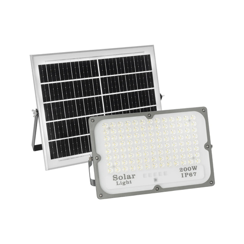 GLOBOSTAR® LUMOVOX 73068 Προβολέας LED 200W 10000lm 120° DC 5V με Φωτοβολταϊκό Panel 5V 12W & Επαναφορτιζόμενη Μπαταρία Li-ion 3.2V 10000mAh Αδιάβροχο IP67 Ψυχρό Λευκό 6000K - 180 x SMD2835 Sanan Chip - Γκρι Ανθρακί - Μ29.5 x Π5.5 x Υ19cm - 2 Χρόνια Εγγύηση