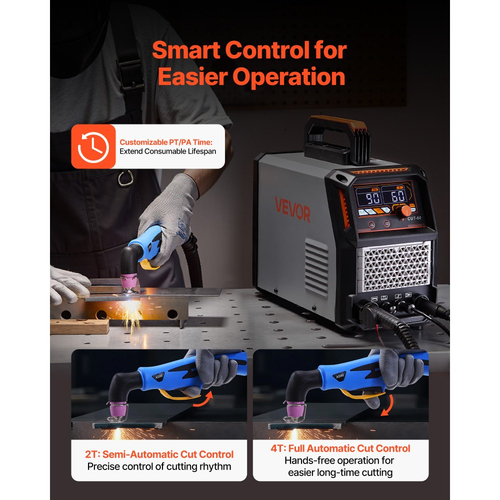 Κόφτης Πλάσματος VEVOR, Μηχανή κοπής πλάσματος με πιλοτικό τόξο 60A χωρίς αφή, μετατροπέας IGBT ψηφιακής οθόνης - με λειτουργία 2T/4T & ρυθμιζόμενο χρόνο PA/PT για βιομηχανική χρήση (τροφοδοτικό 400V 3 φάσεων)