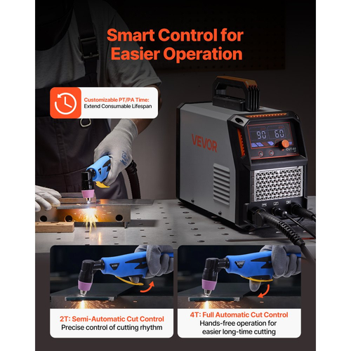 Κόφτης Πλάσματος VEVOR, Μηχανή κοπής πλάσματος 60A, Μηχανή κοπής IGBT Inverter ψηφιακής οθόνης με λειτουργία 2T/4T & ρυθμιζόμενο χρόνο PA/PT για βιομηχανική χρήση (τροφοδοτικό 400V 3 φάσεων)