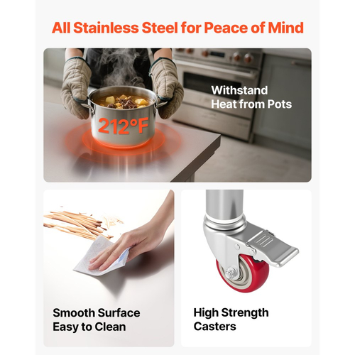 Τραπέζι VEVOR από ανοξείδωτο ατσάλι, τραπέζι εργασίας προετοιμασίας φαγητού 60 x 76 cm με ρόδες, τραπέζι προετοιμασίας κουζίνας με ρυθμιζόμενους σταθμούς εργασίας κάτω από ράφι για επαγγελματική κουζίνα, εστιατόριο, ξενοδοχείο και γκαράζ, εξωτερικού χώρου