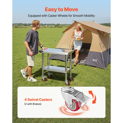 Τραπέζι VEVOR από ανοξείδωτο ατσάλι, τραπέζι εργασίας προετοιμασίας φαγητού 60 x 76 cm με ρόδες, τραπέζι προετοιμασίας κουζίνας με ρυθμιζόμενους σταθμούς εργασίας κάτω από ράφι για επαγγελματική κουζίνα, εστιατόριο, ξενοδοχείο και γκαράζ, εξωτερικού χώρου