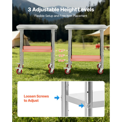 Τραπέζι VEVOR από ανοξείδωτο ατσάλι, τραπέζι εργασίας προετοιμασίας φαγητού 60 x 76 cm με ρόδες, τραπέζι προετοιμασίας κουζίνας με ρυθμιζόμενους σταθμούς εργασίας κάτω από ράφι για επαγγελματική κουζίνα, εστιατόριο, ξενοδοχείο και γκαράζ, εξωτερικού χώρου