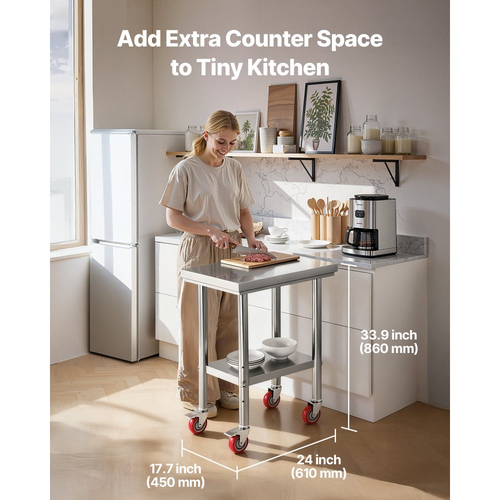 Τραπέζι VEVOR από ανοξείδωτο ατσάλι, τραπέζι εργασίας προετοιμασίας φαγητού 61 x 45 cm με ρόδες, τραπέζι προετοιμασίας κουζίνας με ρυθμιζόμενους σταθμούς εργασίας κάτω από ράφι για επαγγελματική κουζίνα, εστιατόριο, ξενοδοχείο και γκαράζ, εξωτερικού χώρου