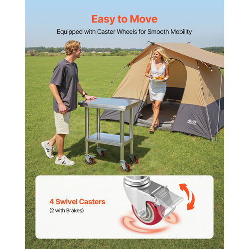 Τραπέζι VEVOR από ανοξείδωτο ατσάλι, τραπέζι εργασίας προετοιμασίας φαγητού 61 x 45 cm με ρόδες, τραπέζι προετοιμασίας κουζίνας με ρυθμιζόμενους σταθμούς εργασίας κάτω από ράφι για επαγγελματική κουζίνα, εστιατόριο, ξενοδοχείο και γκαράζ, εξωτερικού χώρου