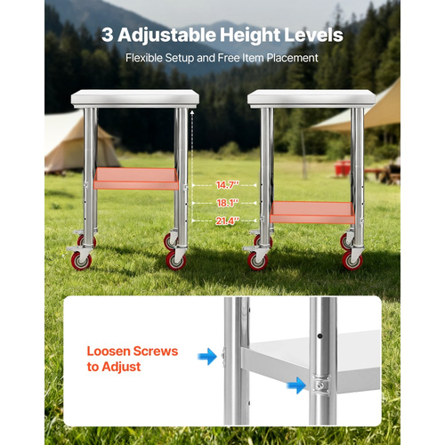 Τραπέζι VEVOR από ανοξείδωτο ατσάλι, τραπέζι εργασίας προετοιμασίας φαγητού 61 x 45 cm με ρόδες, τραπέζι προετοιμασίας κουζίνας με ρυθμιζόμενους σταθμούς εργασίας κάτω από ράφι για επαγγελματική κουζίνα, εστιατόριο, ξενοδοχείο και γκαράζ, εξωτερικού χώρου