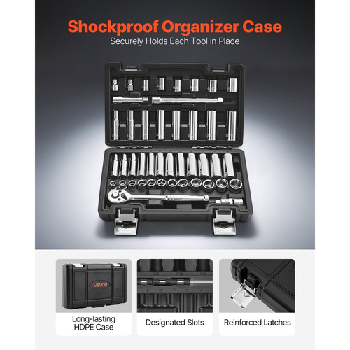 Σετ καρυδάκια VEVOR, 44 τεμάχια, Σετ καρυδάκια και καστάνιας 9,5 mm, SAE και μετρικά, βαθιά και ρηχά, κιτ εργαλείων μηχανικού με αξεσουάρ και θήκη αποθήκευσης, κράμα χάλυβα CR-V, για επισκευή αυτοκινήτων