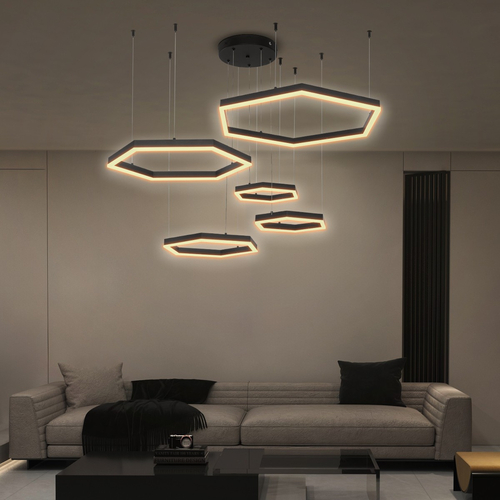 kelvo® LEXAGON KLV-101-0179 Κρεμαστό Φωτιστικό Οροφής LED 120W 12000lm 200° AC 220-240V IP20 Ρυθμιζόμενο Λευκό CCT με Χειριστήριο από 2700K έως 6000K Dimmable - Lumileds SMD Chip - Μαύρο Ματ - Μ110 x Π90 x Υ110cm - 3 Χρόνια Εγγύηση