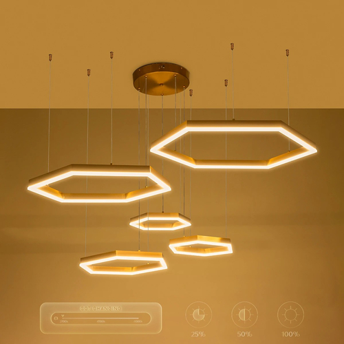 kelvo® LEXAGON KLV-101-0180 Κρεμαστό Φωτιστικό Οροφής LED 120W 12000lm 200° AC 220-240V IP20 Ρυθμιζόμενο Λευκό CCT με Χειριστήριο από 2700K έως 6000K Dimmable - Lumileds SMD Chip - Χρυσό Πλατίνα - Μ110 x Π90 x Υ110cm - 3 Χρόνια Εγγύηση