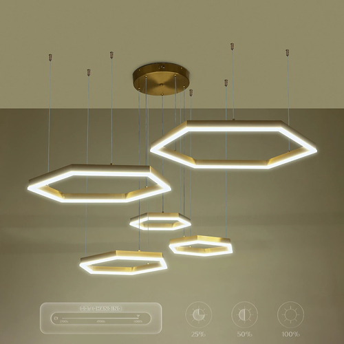 kelvo® LEXAGON KLV-101-0180 Κρεμαστό Φωτιστικό Οροφής LED 120W 12000lm 200° AC 220-240V IP20 Ρυθμιζόμενο Λευκό CCT με Χειριστήριο από 2700K έως 6000K Dimmable - Lumileds SMD Chip - Χρυσό Πλατίνα - Μ110 x Π90 x Υ110cm - 3 Χρόνια Εγγύηση