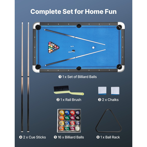 Τραπέζι μπιλιάρδου VEVOR, φορητά τραπέζια μπιλιάρδου 213cm, σταθερό τραπέζι παιχνιδιού με ρυθμιζόμενα πόδια, σετ ψυχαγωγίας που περιλαμβάνει μπάλα, στέκα, βάση, κιμωλία και βούρτσα, μαύρο με ύφασμα Bule, για οικογενειακή χρήση στο δωμάτιο αναψυχής