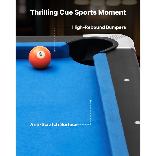 Τραπέζι μπιλιάρδου VEVOR, Φορητά τραπέζια μπιλιάρδου 244cm με ξύλινο φινίρισμα, Μοντέρνο τραπέζι παιχνιδιού με ρυθμιζόμενα πόδια, Πλήρες σετ που περιλαμβάνει μπάλες, στέκες, βάση, κιμωλία και βούρτσα, μπλε ύφασμα, για οικογενειακή χρήση, αίθουσα αναψυχής