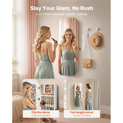 Κοσμηματοθήκη VEVOR με καθρέφτη, ύψος 1080 mm, καθρέφτης πλήρους μήκους με αποθηκευτικό χώρο, οργάνωση κοσμηματοθήκης τοίχου/πάνω από την πόρτα, στρογγυλεμένο σχέδιο, κλειδώνει με 2 κλειδιά και οργάνωση ταξιδιού, λευκό