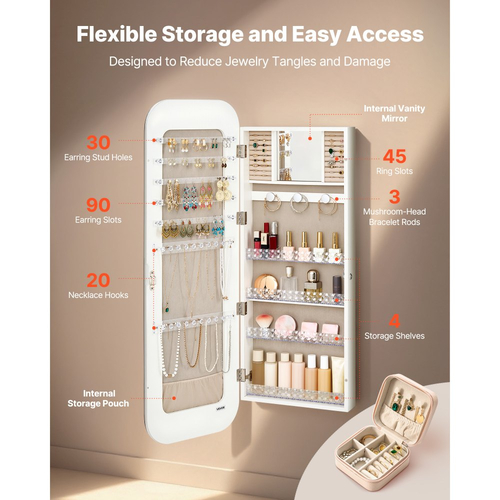Κοσμηματοθήκη VEVOR με καθρέφτη, ύψος 1080 mm, καθρέφτης πλήρους μήκους με αποθηκευτικό χώρο, οργάνωση κοσμηματοθήκης τοίχου/πάνω από την πόρτα, στρογγυλεμένο σχέδιο, κλειδώνει με 2 κλειδιά και οργάνωση ταξιδιού, λευκό
