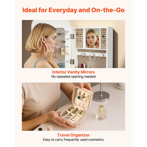 Κοσμηματοθήκη VEVOR με καθρέφτη, ύψος 1080 mm, καθρέφτης πλήρους μήκους με αποθηκευτικό χώρο, οργάνωση κοσμηματοθήκης τοίχου/πάνω από την πόρτα, στρογγυλεμένο σχέδιο, κλειδώνει με 2 κλειδιά και οργάνωση ταξιδιού, λευκό