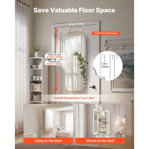 Κοσμηματοθήκη VEVOR με καθρέφτη, ύψος 1080 mm, καθρέφτης πλήρους μήκους με αποθηκευτικό χώρο, οργάνωση κοσμηματοθήκης τοίχου/πάνω από την πόρτα, στρογγυλεμένο σχέδιο, κλειδώνει με 2 κλειδιά και οργάνωση ταξιδιού, λευκό