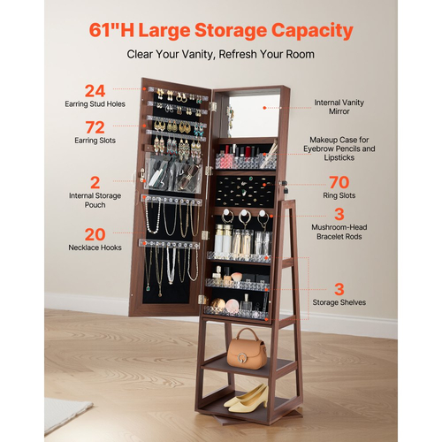 Κοσμηματοθήκη VEVOR περιστρεφόμενη 360°, ύψος 1550 mm, καθρέφτης πλήρους μήκους με αποθηκευτικό χώρο, όρθια περιστρεφόμενη θήκη κοσμημάτων, πόρτα που κλειδώνει με 2 κλειδιά, θήκες αξεσουάρ και ράφια αποθήκευσης
