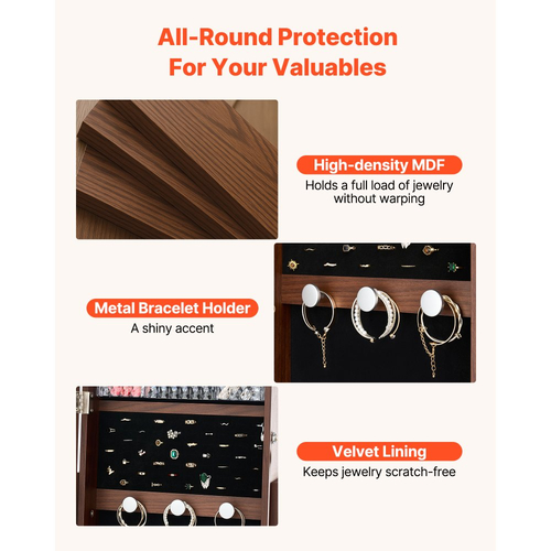 Κοσμηματοθήκη VEVOR περιστρεφόμενη 360°, ύψος 1550 mm, καθρέφτης πλήρους μήκους με αποθηκευτικό χώρο, όρθια περιστρεφόμενη θήκη κοσμημάτων, πόρτα που κλειδώνει με 2 κλειδιά, θήκες αξεσουάρ και ράφια αποθήκευσης